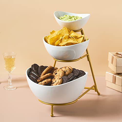 Lyeoboh 3 Tier Serving Bowls Set Tiered Serving Stand, Porcelain Oval Bowls With Collapsible Metal Stand For Entertaining, Party, Dessert Display, Candy, Chip And Dip (Gold) #TOP3
