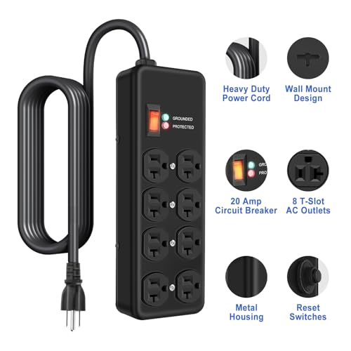 20Amp Power Strip Surge Protector, Durable Metal 8-Outlet with Heavy Duty 20 Amp 6Ft 12 Gauge Extension Cord, for Garage, Workshop & Industrial Use with 6-20R T-Slot Outlets, 4800J