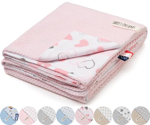 Mikos* Babydecke Leichte Sommer Baumwolle Kinderdecke ohne Füllung, 100% Baumwolldecke für Mädchen Junge, Neugeborenen Kinderwagen Babyschale Kuscheldecke 75x100 (40) (Rosa/Herzen)