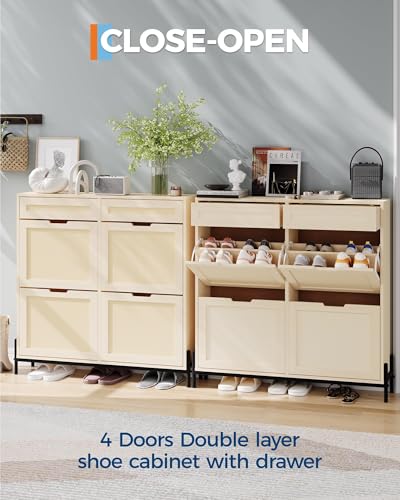 Garvee Armario Zapatero De Ratán para Entrada - 4 Puertas Abatibles, Estantes Ajustables para 20 Pares, Mueble Organizador Compacto, Conjunto Anti-Vuelco, Medidas 100x24x88 Cm - imagen 6