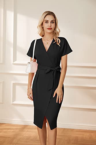 Women's V Neck Short Sleeve Sheath Dress Office Work Tie Waist Faux Wrap Split Cocktail Party Dress Midi Dress Black Xl #TOP6