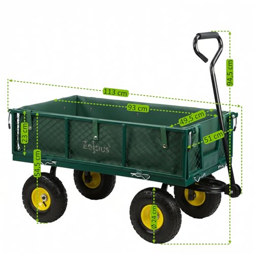 Zelsius Wózek ogrodowy, udźwig 350 kg, 105 litrów, zielony/żółty, wózek ogrodowy, wywrotka, wózek ręczny, pompowany wózek transportowy, składany, wózek ręczny, wózek ręczny do prac ogrodowych