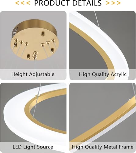 Image of Manraj Modern LED Gold Ring Chandelier, Acrylic 3-Ring Design, Flush Mount Chandelier with Adjustable Hanging Cord Pendant Light Fixture, for Dining Living Room Bedroom (Gold)