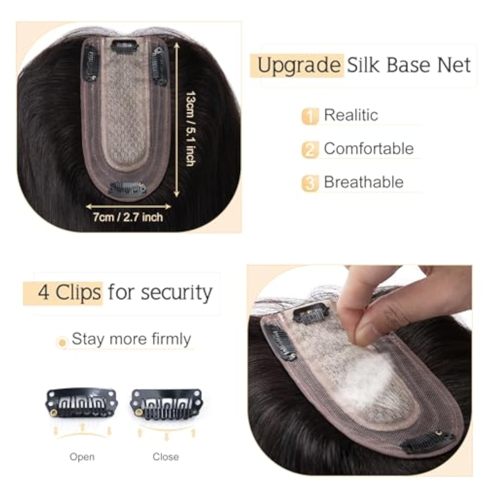 150% Density Human Hair Toppers for Women, No Bangs
