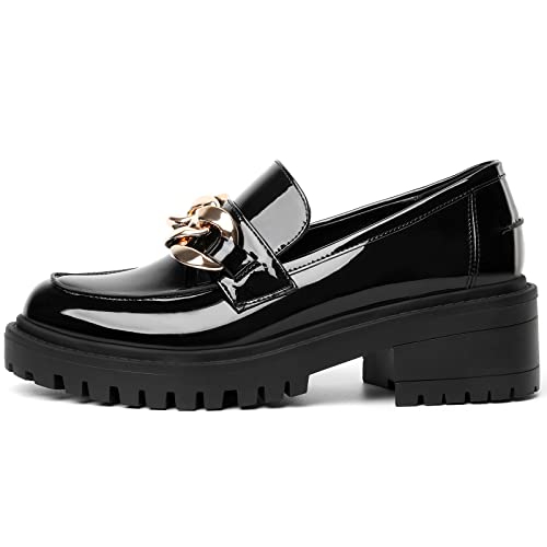 Mostrin Loafers For Women Platform Lug Sole Chunky Heel Loafers Classic Round Toe Slip On Loafers Comfortable Penny Casual Shoes Black Size 9 #TOP4