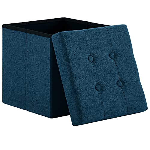 Zedelmaier Sitzhocker mit Stauraum, Fußbank Truhen Aufbewahrungsbox faltbar belastbar bis 300 kg, Leinen, 38 x 38 x 38 cm (Marineblau)