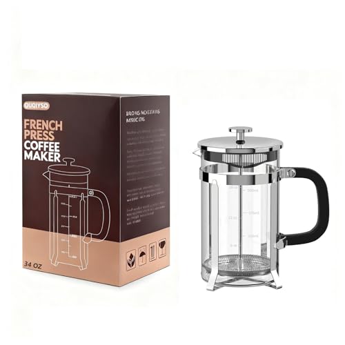 QUQIYSO French Press Coffee Maker 34oz 304 Stainless Steel French Press with 4 Filter, Heat Resistant Durable, Easy to Clean, Borosilicate Glass Coffee Press, 100% BPA Free Glass Teapot, Silver