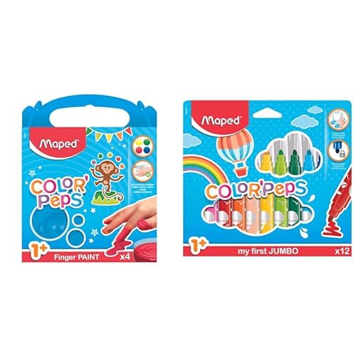 Maped Color'Peps 4 Pots de Peinture Doigt pour Bébé et Enfant dès 1 an & Color'Peps Gros Feutres de Coloriage Premier âge pour Bébé et Enfant dès 1 an