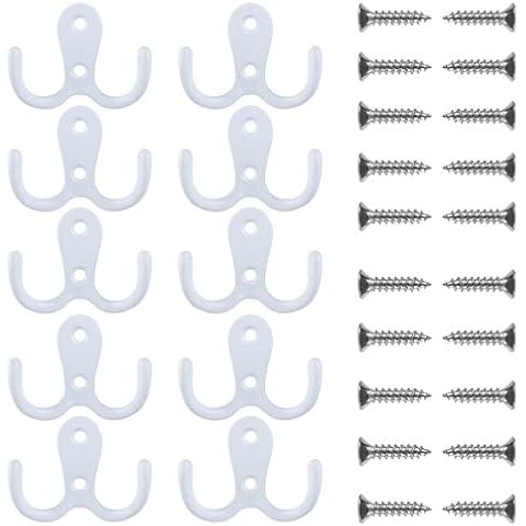 Umsole 10 Pieces Double Prong Robe Coat Hook Retro Cloth Hanger with 20 Pieces Screws (White) Cover