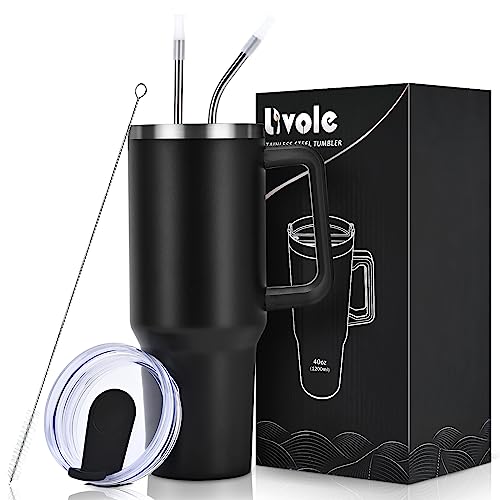 Livole 40oz 1200ml Trinkbecher mit Deckel und Strohhalm, Edelstahl Thermobecher mit Henkel, Doppelwandig Kaffeebecher to go, Vakuum Isolierter Tumbler Becher für Camping, Sport, Auto, Büro, Schwarz