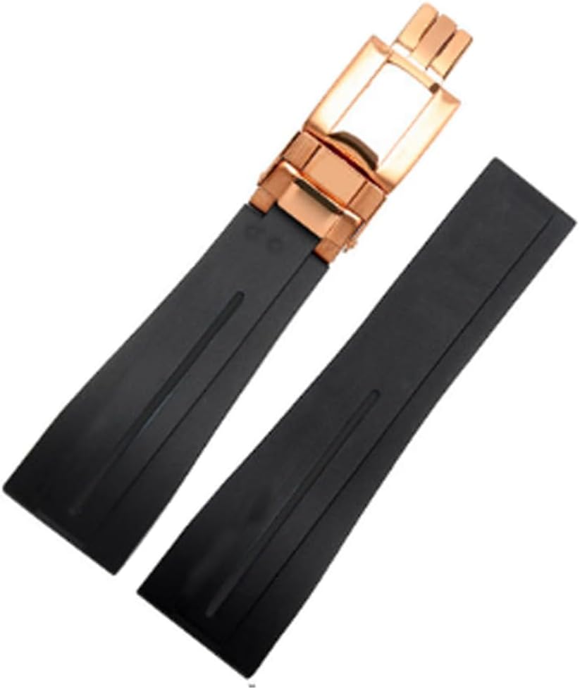 20mm/21mm Rubber Watch Strap Band Deployment Buckle Replacement fits Rolex Yacht Master Oysterflex Submariner GMT Daytona 5513/16800/14060/16610/16613/14060M (20mm, Black（Rose gold buckle）)