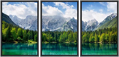 wall26 Framed Canvas Print Wall Art Set Blue Mountain with Emerald Forest & Lake Nature Wilderness Photography Realism Rustic Scenic Relax/Calm for Living Room, Bedroom, Office - 24"x36"x3 Black