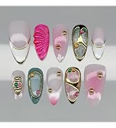 24 Pcs Cat's Eye Medium Almond Press on Nails YEFIUO Spring Rhinestone Steel Balls Nail Tips Kit ...