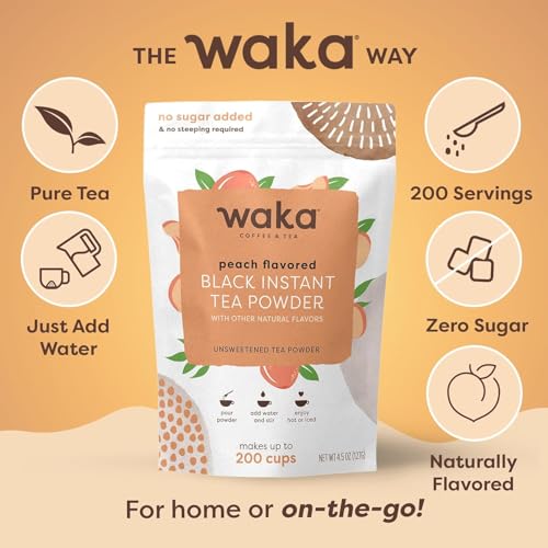 Image of Waka Instant Black Tea Mix, Peach Flavored - 100% Tea Leaves, No Additives, Unsweetened Tea Powder for 50 Quarts or 200 Cups - Easy and Quick Hot or Iced Teas (4.5oz)