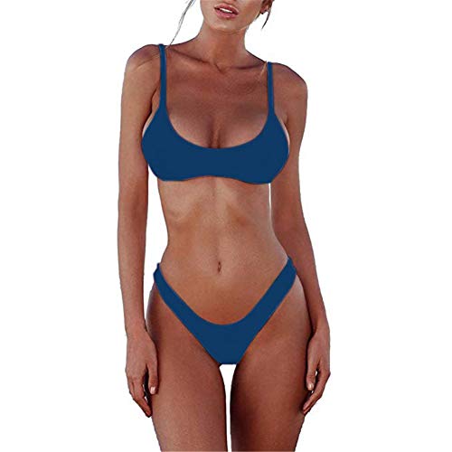 SherryDC Women's Solid Scoop Neck Push up Padded Brazilian Thong Bikini Swimsuit Deep Blue,M