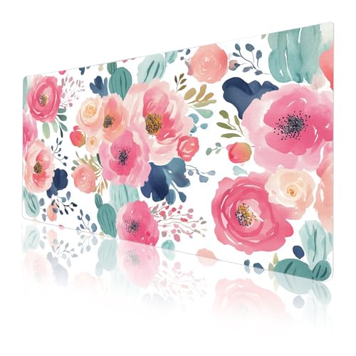 Colorful Star Large Mouse Pad, Pink Floral Desk Mat for Desktop, Women Girls PU Leather Waterproof Desk Pad, Computer PC Laptop Protector Gaming Writing Pads for School Office Home 31.5\" x 15.7\"