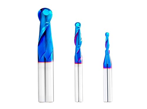 RUHIWORKER 3PCS B3460U Ball Nose End Mill CNC Router Bits 1/2 inch Shank 1/4 inch Shank 2D and 3D Carving Nano Blue Coated Up Cut Lettering Sign Making