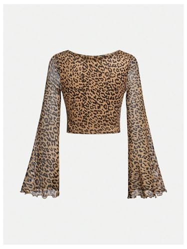 Image of Floerns Girls Bell Long Sleeve Square Neck Asymmetrical Hem Mesh Ruched Crop Tops Tees