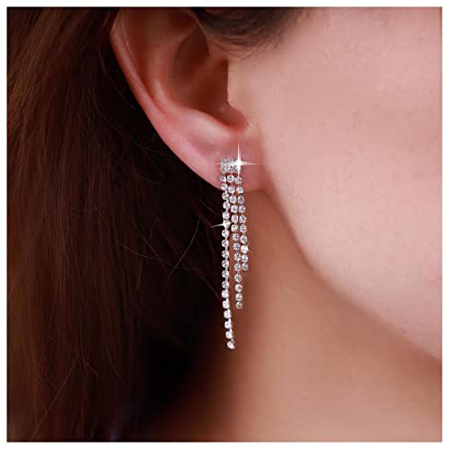 Andelaisi Boho Rhinestone Tassel Earrings Silver Long Crystal Chain Earrings Long Crystal Cz Drop Earrings Vintage Cz Tassels Chain Earrings Wedding Chandeliers Dangle Earrings Jewelry for Women2