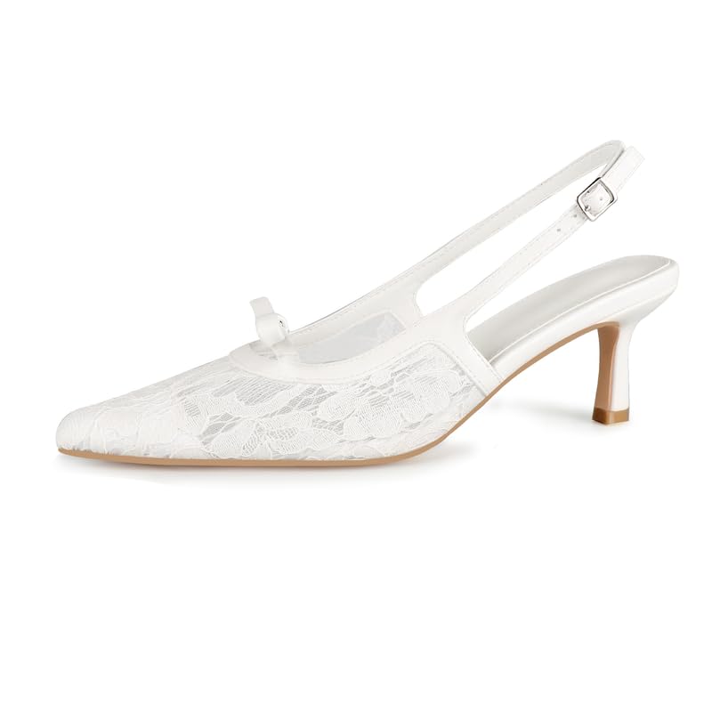 MAVMAX Slingback Mesh Lace Heels for Women Kitten Heels Pumps with Buckle Bow Tie Pointed Close Toe Dress Casual Office Party Shoes,Mesh White,US8.5
