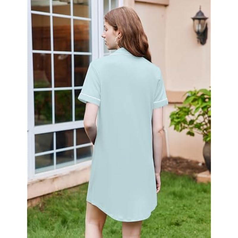 Ekouaer Nightgowns for Women Button Down Sleepshirt Short Sleeve Nightshirt Boyfriend Pajamas V Neck Nightdress S-XXXL 상세이미지 3