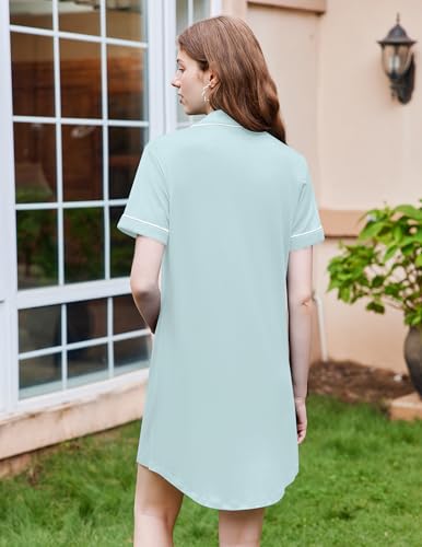 Image of Ekouaer Nightgowns for Women Button Down Sleepshirt Short Sleeve Nightshirt Boyfriend Pajamas V Neck Nightdress S-XXXL