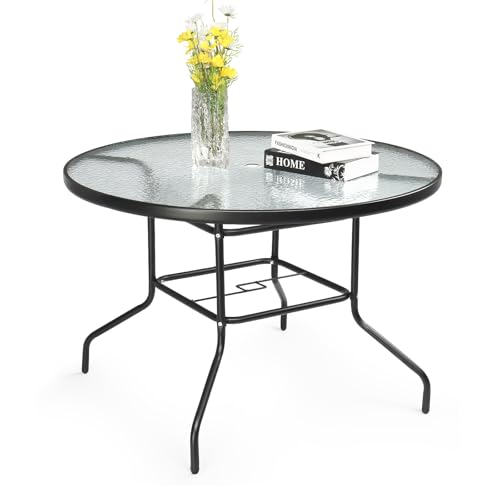 Image of VINGLI 40'' Outdoor Dining Table with Umbrella Hole, All Weather Round Patio Table, Waterwave Tempered Glass Top and Metal Frame, for Garden Porch Balcony Yard