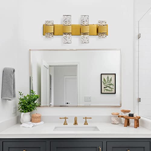 Image of Epinl Gold Bathroom Vanity Light Fixtures - Brushed Gold Vanity Light Bathroom Lighting Fixtures Over Mirror 40W Dimmable Crystal Wall Sconces 4 Light LED Modern Bathrooms Lights 4000K