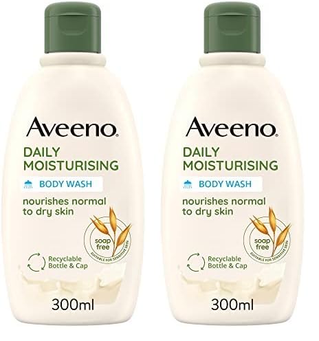 Aveeno Daily Moisturising Body Wash, With Soothing Oat, Suitable For Sensitive Skin, Gently Cleanses and Nourishes, Soap-Free, Lightly Scented, 300ml (Pack of 2)