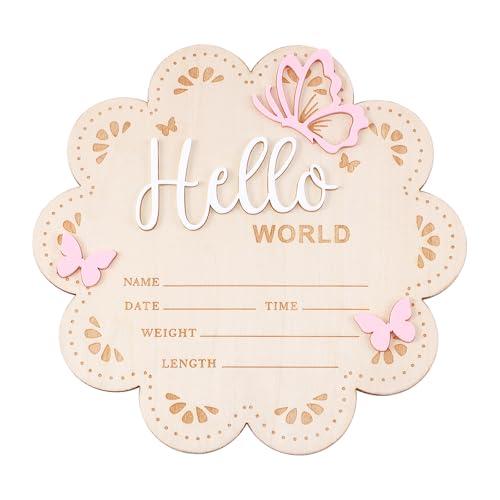 Nogeqi Hello World Newborn Sign 6 Inch Pink Butterfly Baby Name Announcement Sign Birth Announcement Signs Wooden Baby Welcome Signs for Newborn Photo Props Babies Shower Hospital Nursery