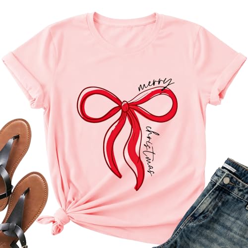 Image of Merry Christmas Shirts for Women - Xmas Bow Short Sleeve Festive Holiday Pink Ribbon Tee Tops