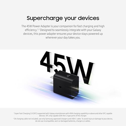 Image of SAMSUNG 45W Wall Charger Power Adapter, Cable Not Included, Super Fast Charging for Galaxy Phones, Tablets and USB Type C Devices, Low Standby Power Consumption, EP-T4511NBEGUS, Black