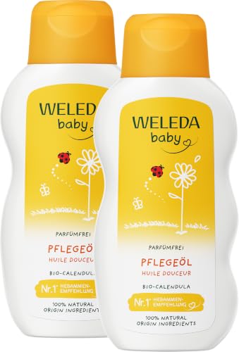 WELEDA Bio Baby Calendula Pflegeöl parfümfrei - veganes Naturkosmetik Babyöl mit Sesamöl zur Pflege & Massage von Babys. Körperöl zum Schutz vor Hautreizungen, Wundwerden & trockener Haut (1x200ml)