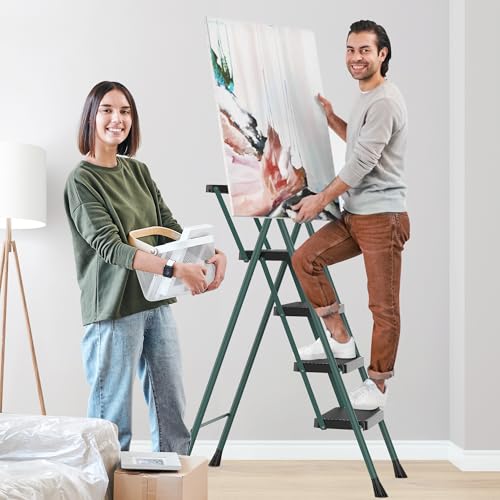 HBTower Folding 4-Step Steel Ladder with Handrails for Home, Kitchen, Office, and Library - Green