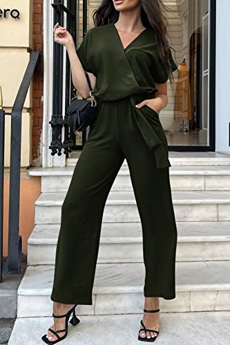 PRETTYGARDEN Women's Summer One Piece Jumpsuits Belted Short Sleeve Wrap V Neck Fashion Dressy Casual Wide Leg Pants Romper