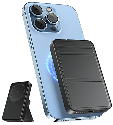 Magnetic Portable Charger - 5000Mah Mag-Safe Battery Pack With Foldable Stand, Mini Mag-Safe Power Bank, 20W Usb-C Battery Pack For Iphone 12/13/14 Series, Wireless Charger For Outdoor Travel - Black #TOP13