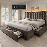 YITAHOME King Size Bed Frame with 3 Storage Drawers and RGB LED Lights, Velvet Upholstered Bed with Charging Station and Storage Headboard, No Box Spring Needed, Easy Assembly, Noise-Free, Grey