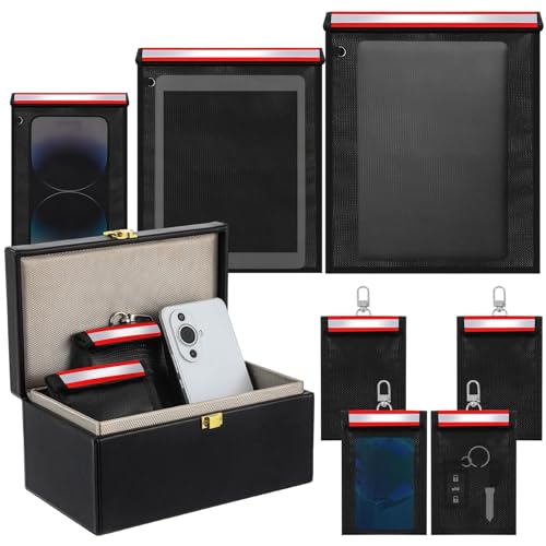 Image of Dansydaisy Key Storage Box & Protective Pouches Set (8 Pack) for Car Key Fob, Phone, Tablet & Wallet - Waterproof, Fireproof Travel Organizer Case, Portable Storage Kit(Red)