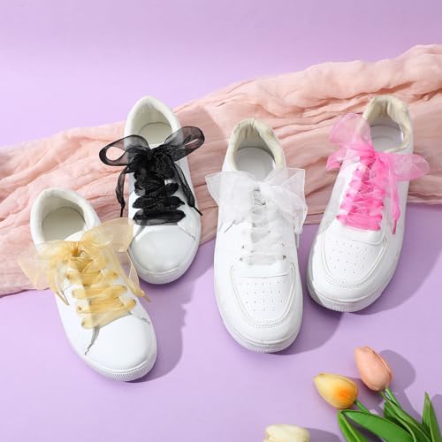 4 Pairs Fashion Shoelaces Casual Ribbon Flat Snow Yarn Shoelace Soft Silk Stain Organza Shoestrings for Ladies Women Girls Sneakers4