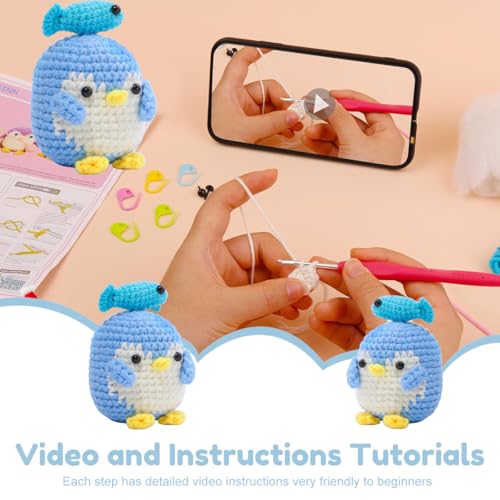 PATPAT Cute Stuffed Penguin Crochet Toy Material Kit Beginner-Friendly Crochet Kit with Crochet Needles, Yarns, Instruction, DIY Kit for Adult Crochet Toys Gift Birthday Gift Car Interior Decor, Black