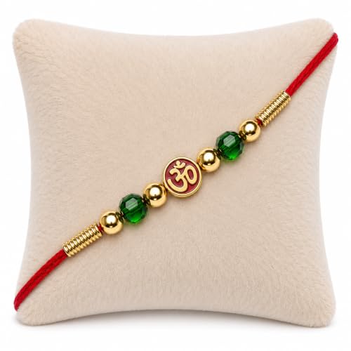 Image of Om Rakhi for Brother with Green Crystal and Gold Beads