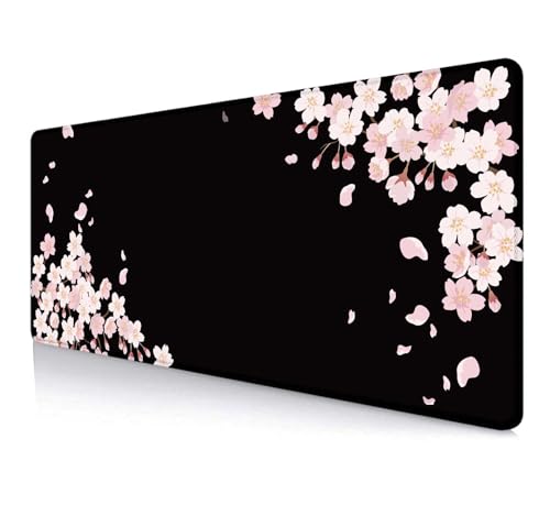 Image of IMAYONDIA Sakura Japanese Desk Mat, Cherry Blossom Large Gaming Mouse Pad, Black Elegant Floral Mousepad for Women, Minimalistic Flower Aesthetic Desk Pad for Work, Game, Office, 31.5x11.8