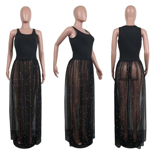 Yuopeid Women's Maxi Dress Sexy Strappy Sleeveless Waisted Mesh See Through Puff Swing Party Cocktail Dress3