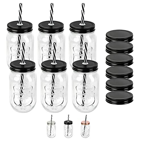 Schramm® 6 Stück Trinkgläser 500 ml mit Strohhalm wiederverwendbar Glas Gläser Einmachgläser mit 12 Deckeln wählbar in Silber, Bronze, schwarz und bunt Aufbewahrungsglas, Farbe:schwarz