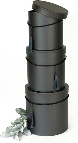 Miniatura 5 de UNIKPACKAGING Caja de flores redonda de alta calidad, con borla, cajas de regalo para flores de lujo y arreglos de regalo, juego de 3 piezas (negro)