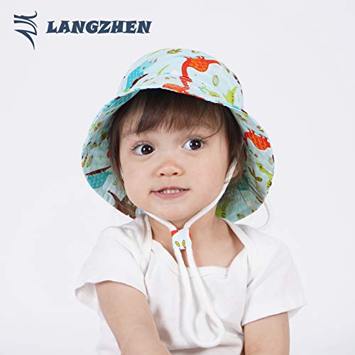 Image of LANGZHEN Sun Protection Hat for Kids Toddler Boys Girls Wide Brim Summer Play Hat Cotton Baby Bucket Hat with Chin Strap