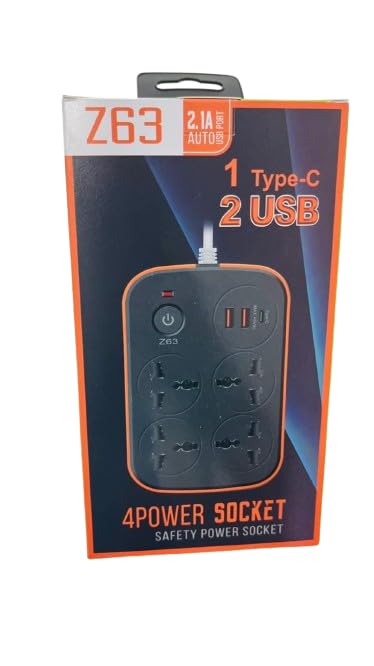 Z63 Euro 4-Way Power socket 3 Meter Extension Cord, Auto 1TypeC