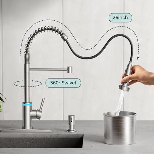 VIDEC Smart Kitchen Faucet, 3 Modes Pull Down Sprayer, Touch On Sensor Activated, LED Temperature Control, 360-Degree Rotation, 1 or 3 Hole Deck Plate. 10-Year Warranty. (KW-66SN, Brushed Nickel)