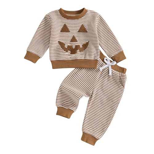 Toddler Baby Boy Girl Halloween Outfit Long Sleeve Stripes Pumpkin Sweatshirt Pants Set Infant Fall Winter Clothes