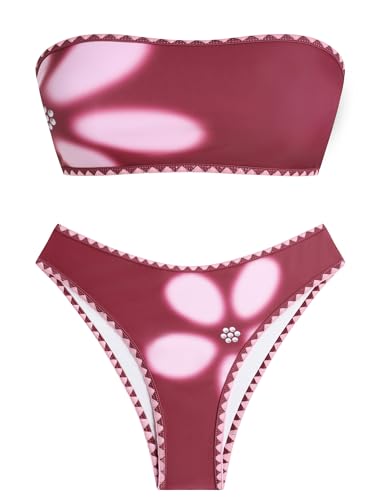 Image of ZAFUL Women Strapless Textured Bandeau Bikini 2 Piece Swimwear Cheeky Solid Lace up Bathing Suits